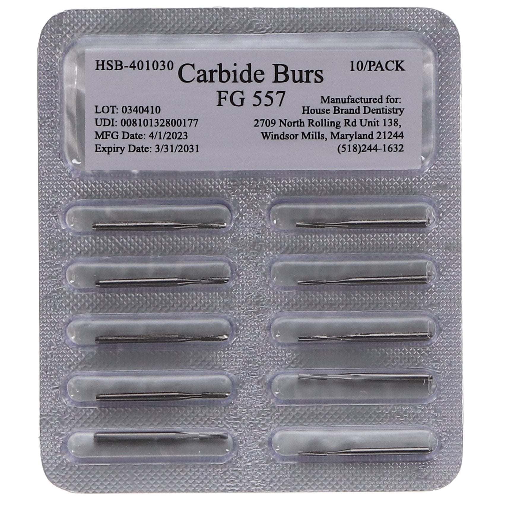 House Brand Dentistry 401030 FG Friction Grip #557 Straight Fissure Crosscut Carbide Burs 100/Pk House Brand Dentistry 401030 FG Friction Grip #557 Straight Fissure Crosscut Carbide Burs 100/Pk
